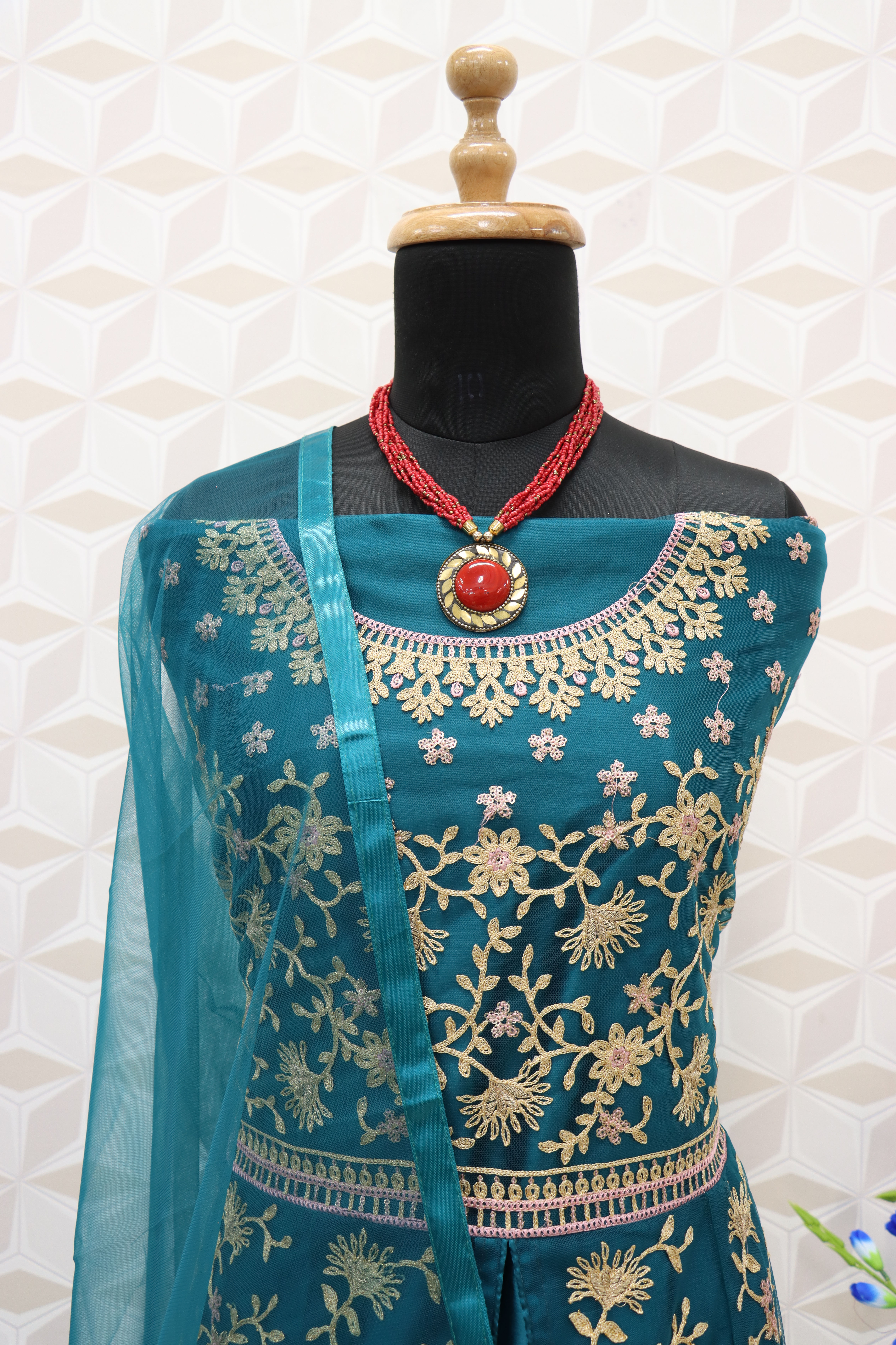 Teal Blue and Gold Embroidered Anarkali